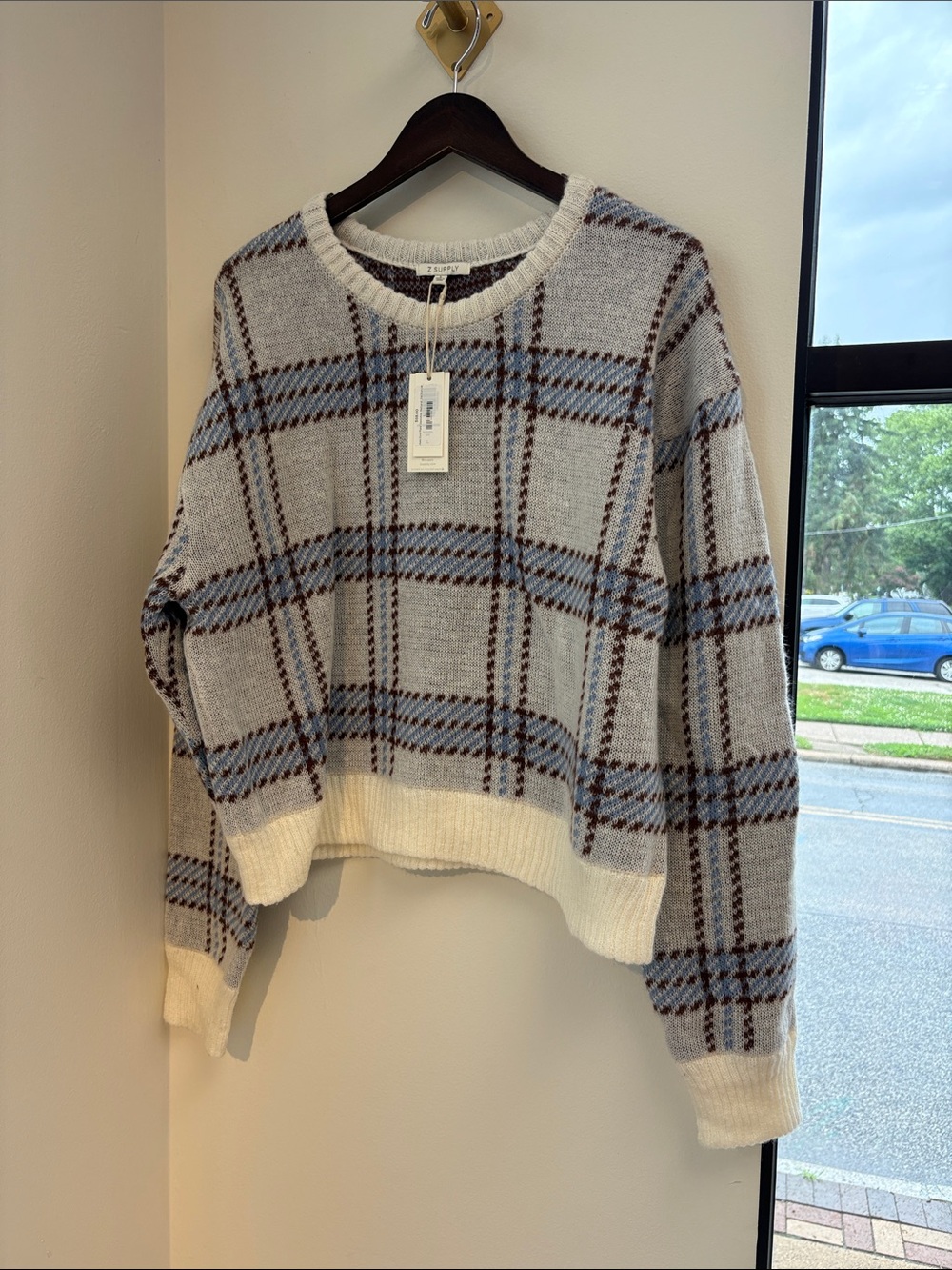 Classic Plaid Crewneck Sweater - Gray & Light Blue